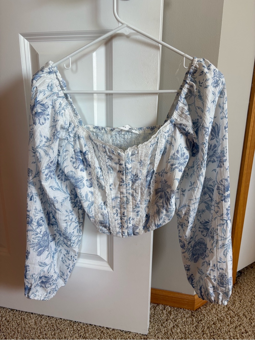 Altar'd State White and Blue Floral Peasant Blouse